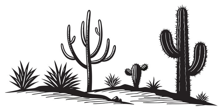 A serene desert landscape featuring various cacti and desert plants Vector