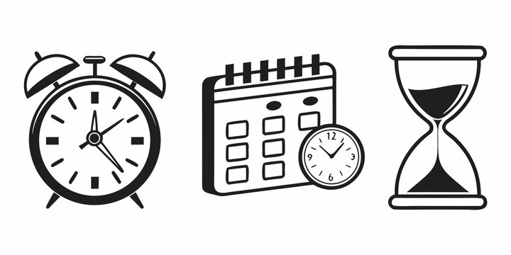 Assorted timekeeping devices including an alarm clock, calendar, clock, and hourglass Vector