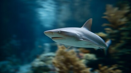 Obraz premium A sleek gray shark glides through clear blue ocean water with blurred coral reef elements in the background