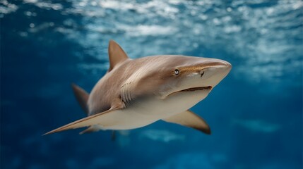 Obraz premium A detailed high underwater shot captures a serene yet predatory shark swimming gracefully in clear blue ocean water with sunlight from above