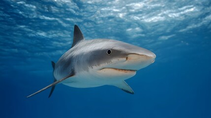 A majestic tiger shark swims through clear blue ocean water illuminated by sunlight from the surface