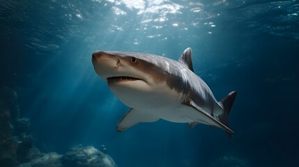 Fototapeta premium A powerful shark swims gracefully through the sunlit ocean depths its sleek body illuminated by rays of light filtering from the surface