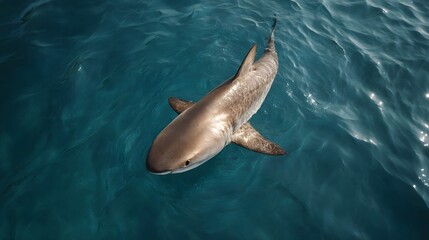 Obraz premium A majestic shark glides through clear sunlit ocean waters captured from an overhead perspective