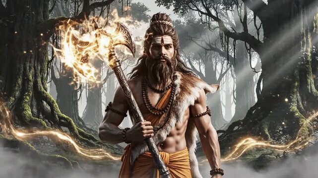 Shiva wielding flaming axe in mystical forest with ancient trees