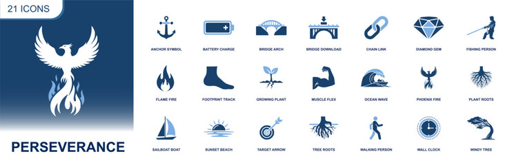 Obraz premium Perseverance icon set. Containing phoenix, flame, anchor, battery, bridge, target, strength, walking, time, roots, ocean wave, windy tree and more. Solid fill vector icons collection