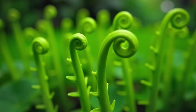 A backyard garden showing mature fiddlehead fern plants with curled fronds ready for picking 