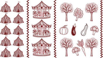 Vintage Circus Tents Carousel and Autumn Harvest Vegetables Engraving Style Illustration Set Retro Fair Elements with Trees Pumpkin Eggplant Broccoli Carrot Vector Collection © MdShakil