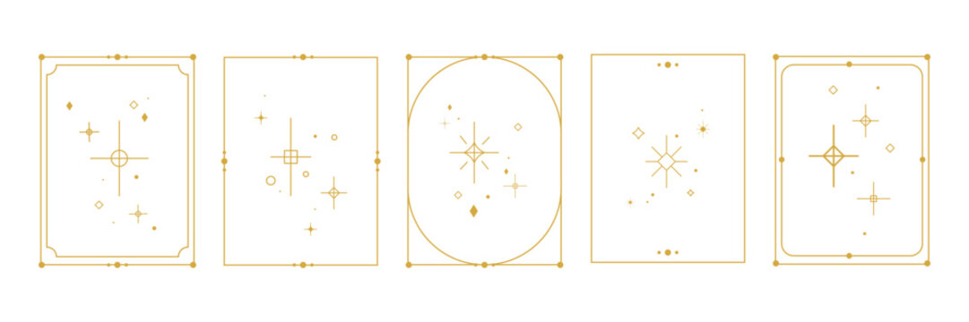 Elegant gold star frame set with minimalist geometric borders and celestial sparkle elements ideal for luxury posters banners covers card templates invitations and upscale branding designs.Vector