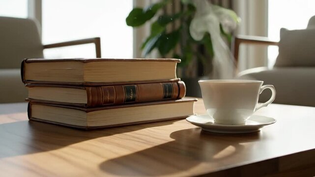 Close-up of a stack of books and a cup of coffee on a wooden table in a bright living room with natural light.