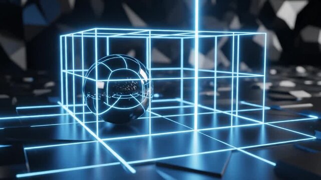 A futuristic 3D rendering of a blue glowing wireframe cube with a spherical object inside on a grid-patterned floor with a dark background and geometric shapes.