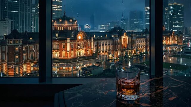 Rainy Tokyo night view of Tokyo Station red brick building with whiskey glass on table, luxury lounge atmosphere, cinematic 4k loop background.