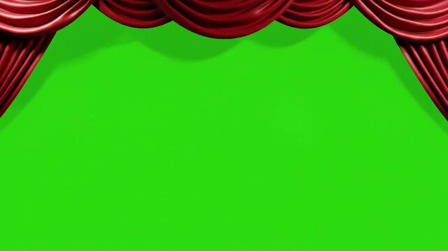 Green Screen a realistic red fabric curtain with pleats opens on theater 4k 3d animation scene 1 distortion, overlay, glitch, static noise, scan lines black background, animated video loop