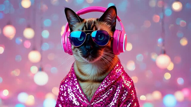 Cat wearing headphones and sunglasses