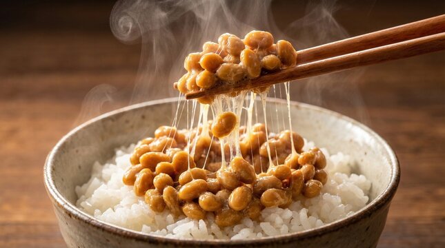 Sticky Natto lifted with chopsticks(箸で持ち上げた糸引く納豆)