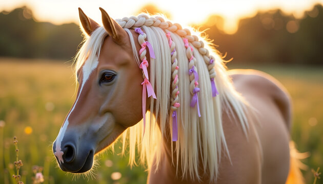 Horse with braided mane decorated with colorful ribbons in field  