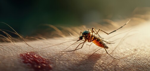 Fototapeta premium The Mosquito Feeding on Human Skin with Visible Droplet of Blood in Macro Close-Up