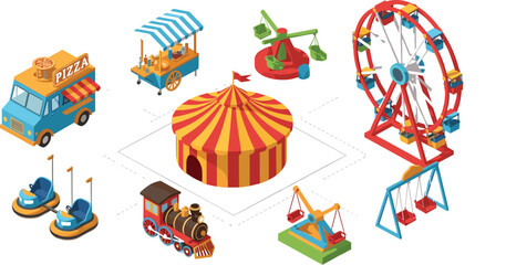 Amusement Park Carnival Fair Isometric Set Circus Tent Ferris Wheel Swing Ride Train Pizza Truck Kiosk Vector Illustration Collection © MdShakil