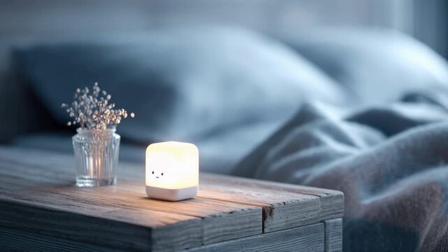 Cute cube night light glowing on rustic bedside table with dried flowers and soft bed bokeh