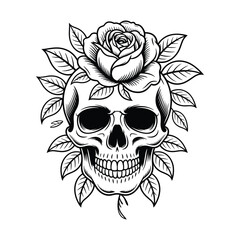 Obraz premium Intricate black and white illustration of a skull adorned with a blooming rose and surrounding leaves