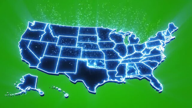 Green Screen map of united states america showing different animated usa contiguous lower 48 u s state on an isolated chroma key background scene 1 with distortion, overlay, glitch, static noise, scan