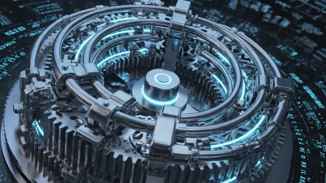 Close-up of a futuristic metallic gear mechanism with blue glowing accents against a dark background with binary code.
