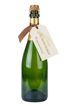 Champagne Bottle with New Homeowner Congratulations Gift Tag for Real Estate Housewarming, isolated on transparent background