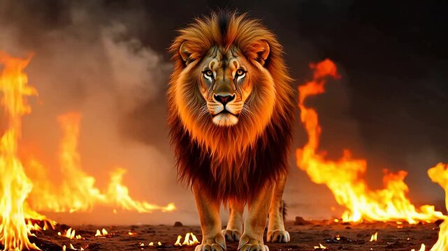 Lion walking through fire