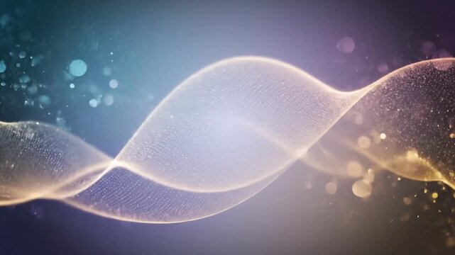 Glowing, translucent wave of particles against a dark background with bokeh lights and a gradient of blue and purple hues.