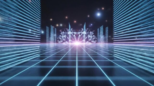 Futuristic digital tunnel with neon blue lines and a bright light at the end, set against a dark background with scattered stars and bars.