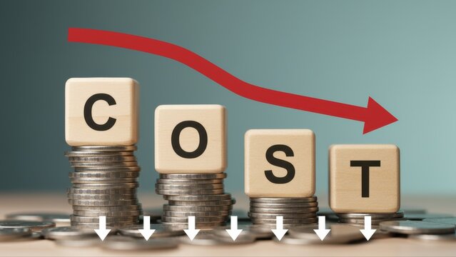 Financial strategy for cost reduction featuring money on a coin stack to show a significant decrease.