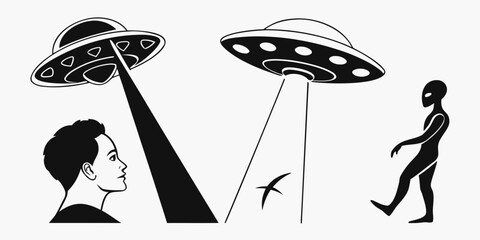A man watching two flying saucers hovering over him in a dark sky. Vector © rabi