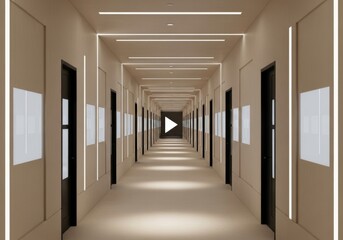 Long modern hallway with linear LED lighting and black doors