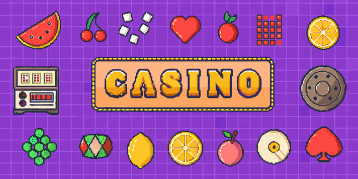 Pixel art casino design featuring fruit slot machines and playing card symbols