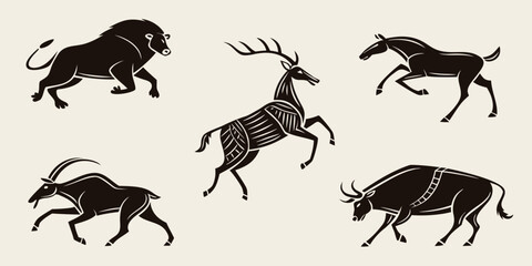 A variety of animals including a bull, deer, and rhinoceros in silhouette form Vector © rabi