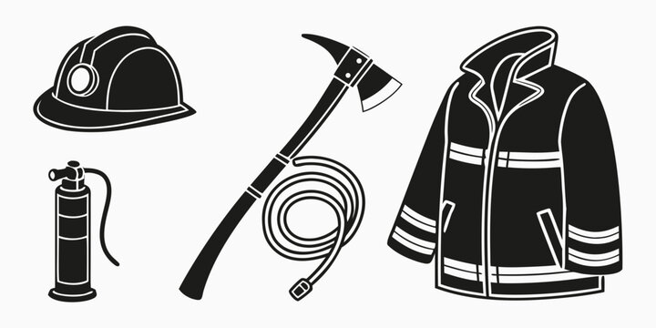 Firefighter equipment including helmet, lantern, pickaxe, gloves, and jacket Vector