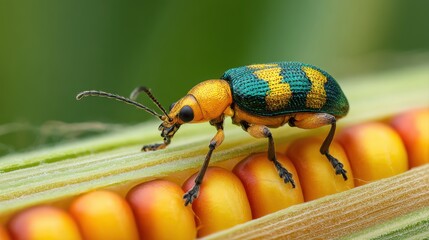 Southern Corn Rootworm beetle eating kernels on ear of corn. Agriculture pest control, insect damage and farming insecticide concept.