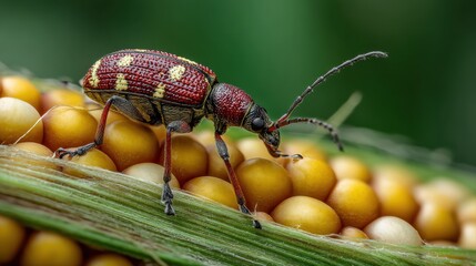 Southern Corn Rootworm beetle eating kernels on ear of corn. Agriculture pest control, insect damage and farming insecticide concept.