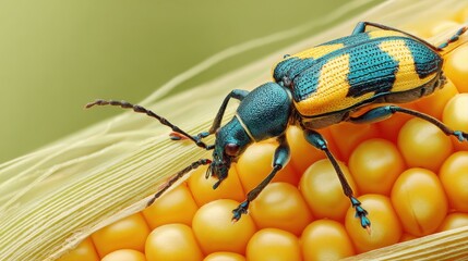 Southern Corn Rootworm beetle eating kernels on ear of corn. Agriculture pest control, insect damage and farming insecticide concept.