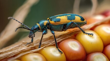 Southern Corn Rootworm beetle eating kernels on ear of corn. Agriculture pest control, insect damage and farming insecticide concept.