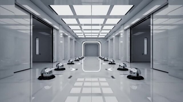 A futuristic white and gray corridor with a grid ceiling, lined with several robotic vacuum cleaners on a shiny floor leading to a distant gray door.
