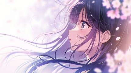 桜の木の下で髪をなびかせているアニメ調の美少女