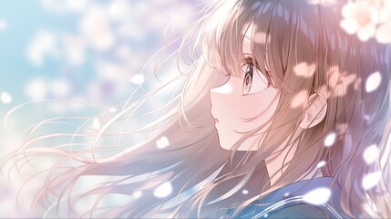 桜の木の下で髪をなびかせているアニメ調の美少女