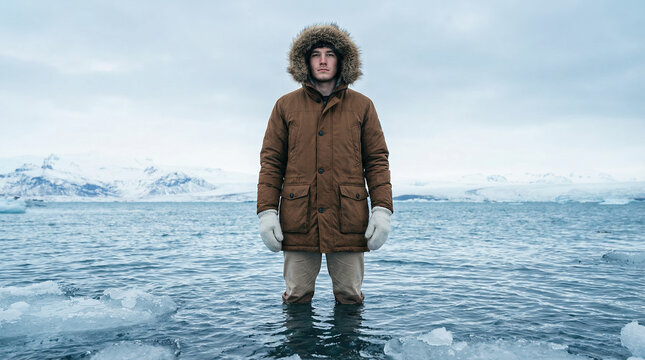 A man wearing a brown parka stands in freezing water to explore the arctic during an arctic exploration.