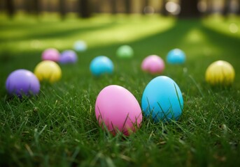 Colorful easter eggs on green grass