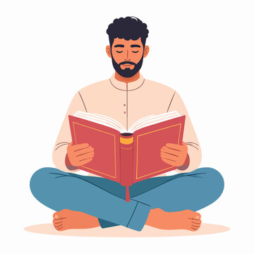 A man sitting cross-legged on the floor, reading a large red book with a calm expression, in a simple illustration style