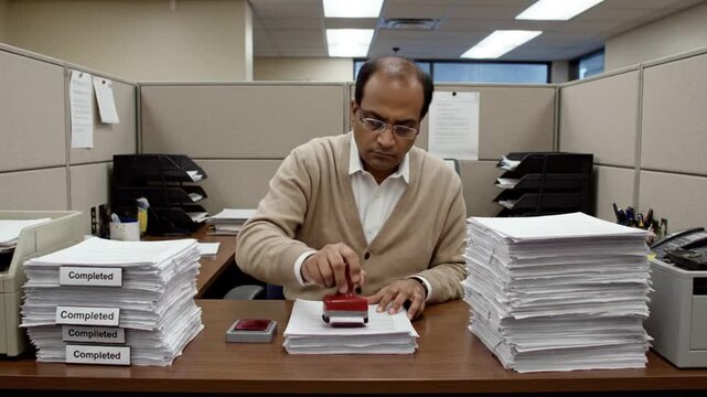 A middle-aged man in a beige sweater stamps papers at a cluttered office desk with stacks of documents and a cell phone.