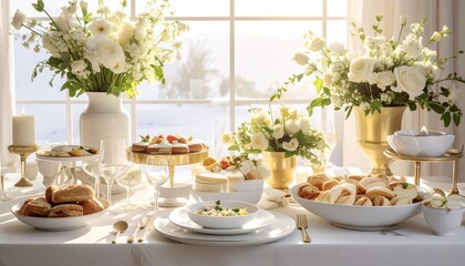 Fototapeta premium Weiß-goldenes Pfingstbrunch-Buffet