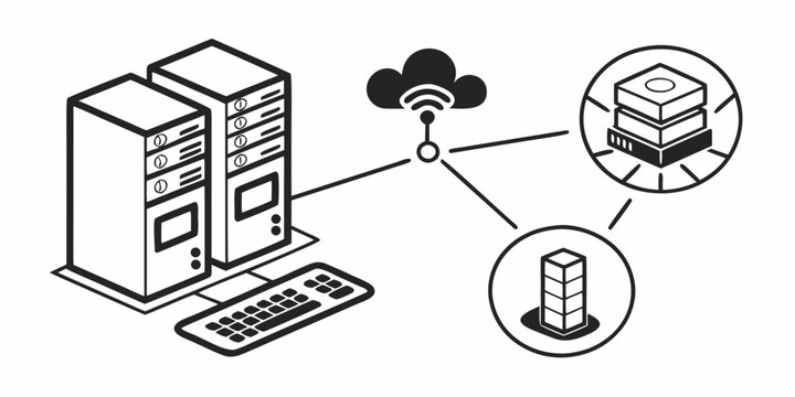 Illustration of a computer connected to a cloud server and a database Vector