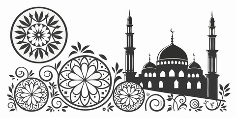 Intricate black and white illustration of a mosque with ornate patterns and architectural details Vector © rabi