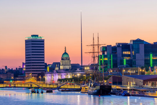 The Treasury Dock, Dublin Spire and the The Jeanie Johnston Tall Ship at Dusk, Dublin, Republic of Ireland, Europe